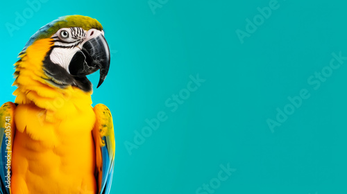 Macaw parrot isolated on blue background, copy space for text
