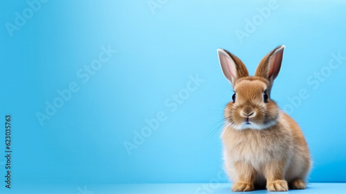 Cute rabbit on blue background. Easter holiday concept. Space for text
