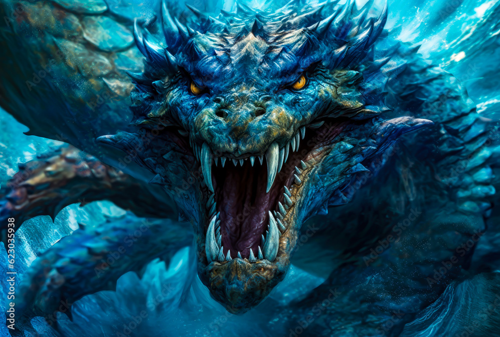 a creature with great blue teeth swimming underwater, close up a creature with great blue teeth swimming underwater, close up