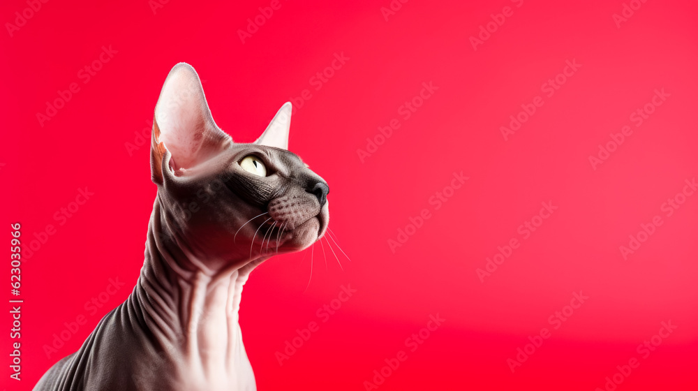 Sphynx cat isolated on red background with copy space