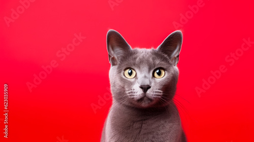 Russian blue cat isolated on red background with copy space