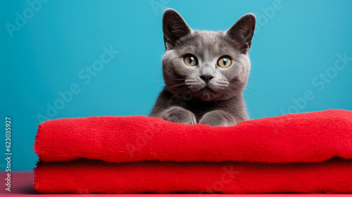 Russian blue cat isolated on blue background with copy space