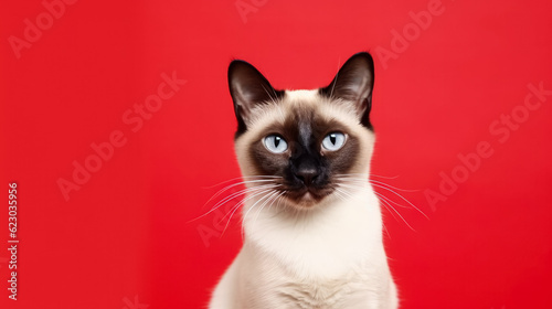 Siamese cat isolated on red background copy space