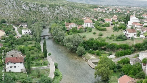 Aerial video on the village of Blaj and the river Bona. Mostar, Bosnia photo