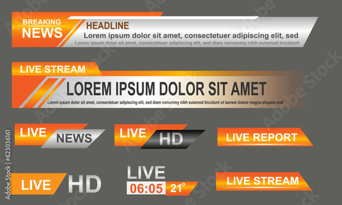 Broadcast News Lower Thirds Template layout orange grey set collection design banner for bar Headline news title, sport game in Television, Video and Media Channel vector