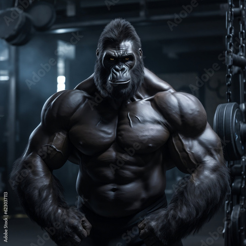 fit Gorilla standing at the gym, Muscular Gorilla Flexing at the Gym, generative AI