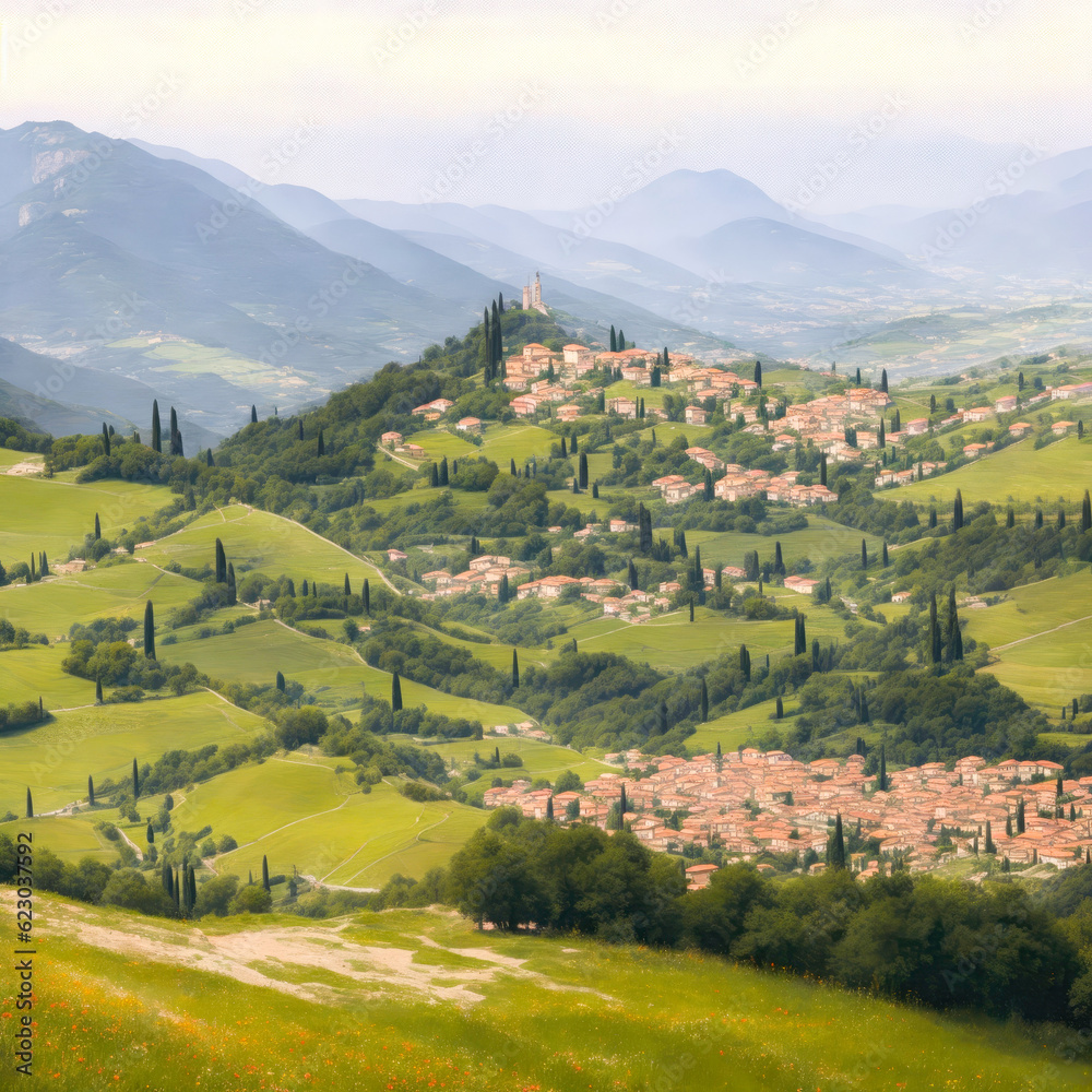 Italian mountain landscape with meadows, houses. AI-generated image