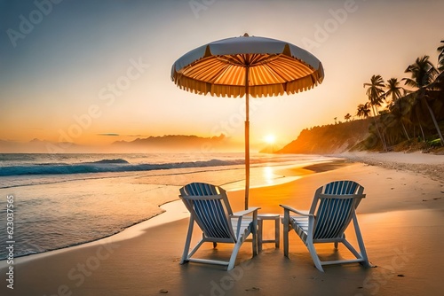 beach, chairs and umbrella on the beach generated Ai technology