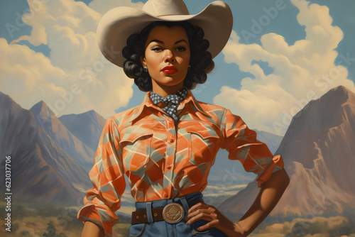 poc cowgirl wearing plaid western shirt with desert mountain range vista vintage americana painting made with generative ai photo