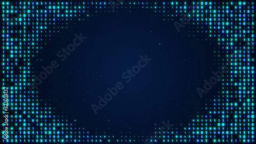 Futuristic illustration of blue glow digital data matrix of binary code numbers on a dark lcd screen background with copy text space. Technology, coding, cyberspace, security, or big data concept
