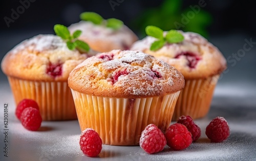 Delicious Raspberry Muffins on a White Table. Generative AI