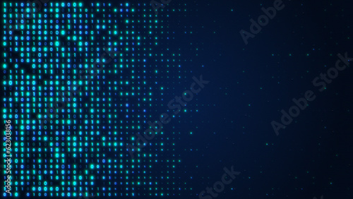 Futuristic illustration of blue glow digital data matrix of binary code numbers on a dark lcd screen background with copy text space. Technology, coding, cyberspace, security, or big data concept