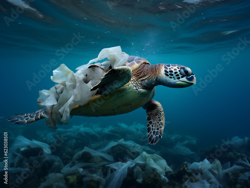Plastic pollution underwater, sea turtle caught in a plastic bag, ai generated 