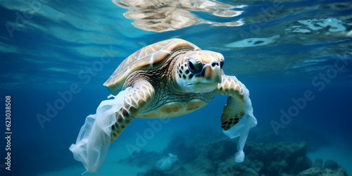 Plastic pollution underwater, sea turtle caught in a plastic bag, ai generated 