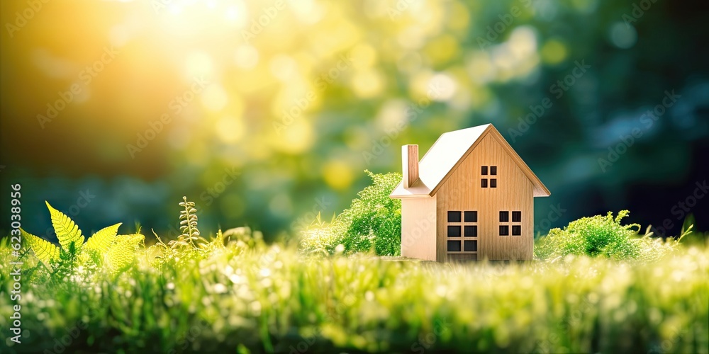 Investment concept. Forest scene with wooden house in beautiful garden on blur background Investment concept. Forest scene with wooden house in beautiful garden on blur background