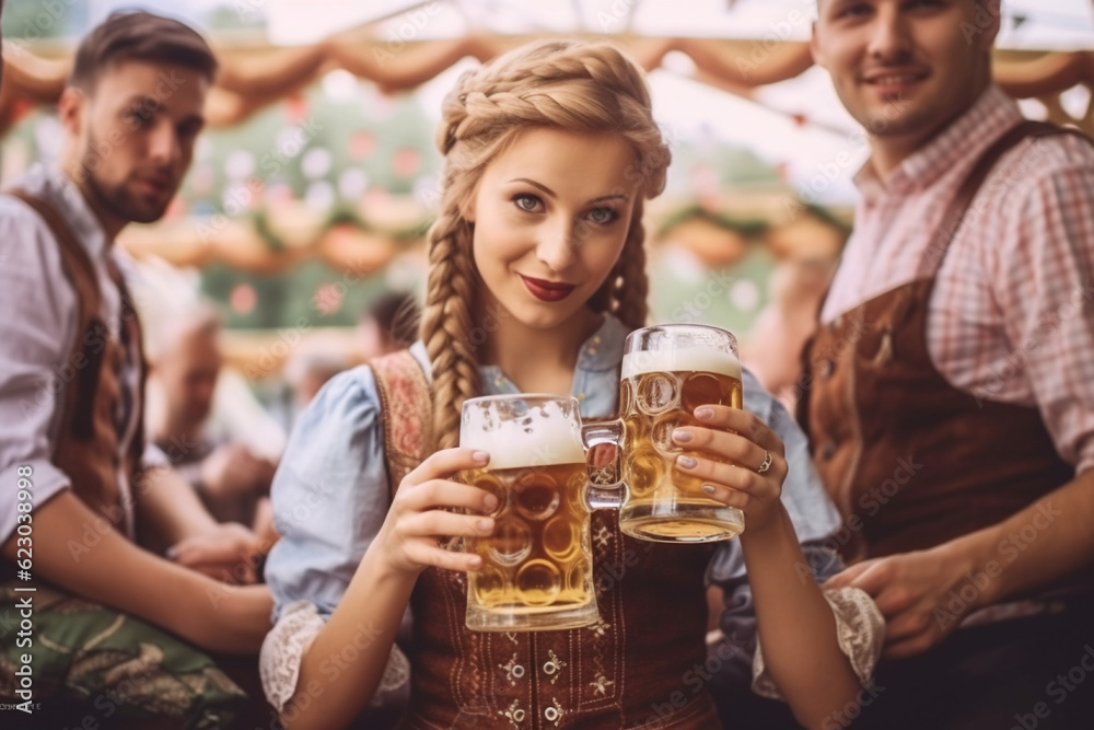 Woman wearing traditional clothes at oktoberfest festival with beer mug. AI Generation