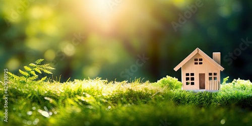 Investment concept. Forest scene with wooden house in beautiful garden on blur background