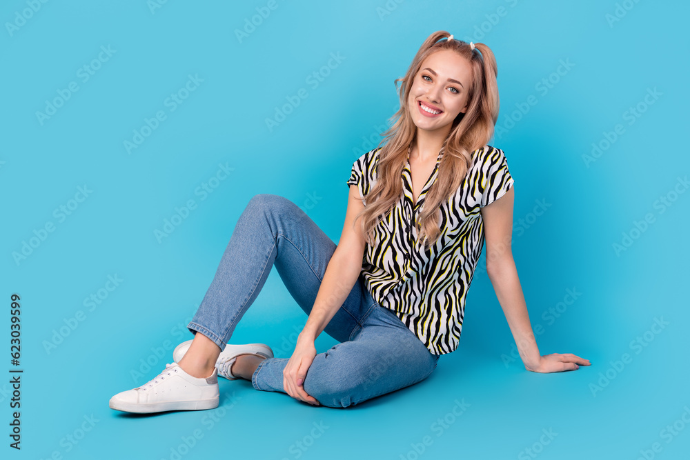 Full size photo of friendly nice looking girlish woman dressed zebra shirt jeans white sneakers sitting isolated on blue color background Full size photo of friendly nice looking girlish woman dressed zebra shirt jeans white sneakers sitting isolated on blue color background