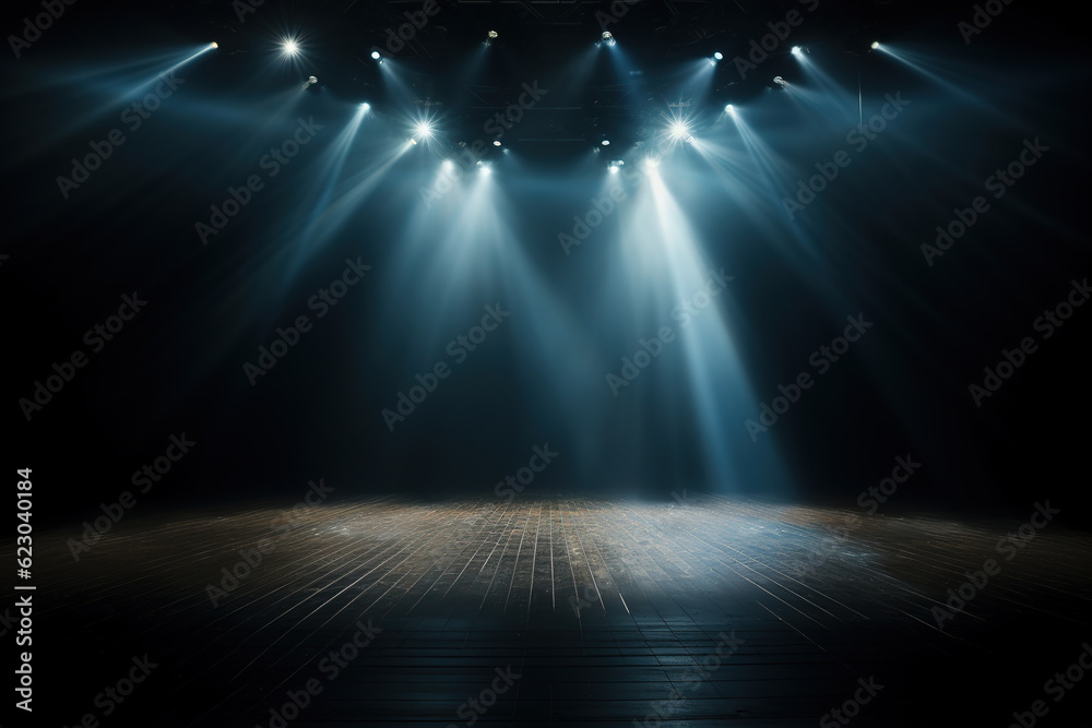 stage and blue smoke night lightning in fog searchlight beams Stock ...