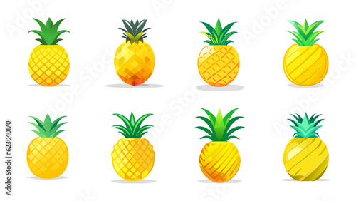 Set of yellow pineapples with green leaves, vector illustration isolated on white background. Vector