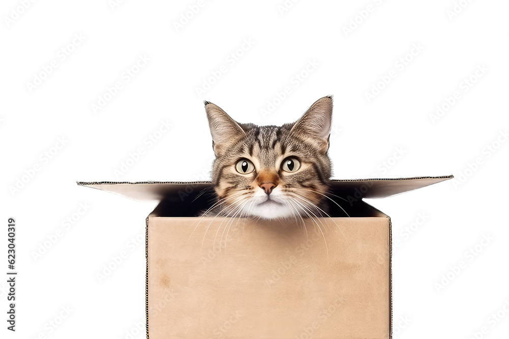 Cat in the box. Cute cat playing in box isolated on transparent background