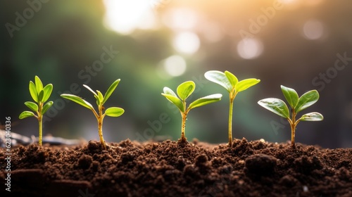 Group of New Young Plants Growing In Sunlight, Closeup view. Generative AI