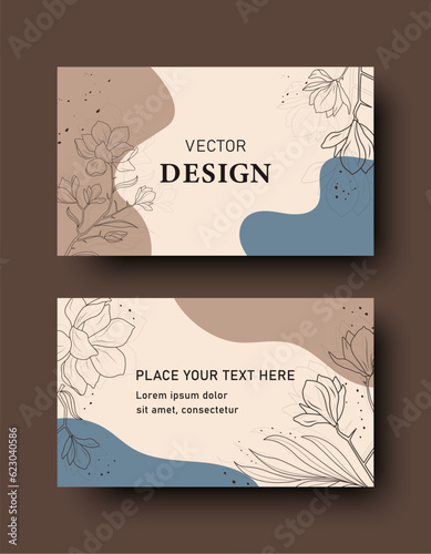 Business card design with an elegant organic pattern in a minimalist style. Modern concept with flowers and hand drawn blue and brown geometric shapes on a beige background. Trendy Vector illustration