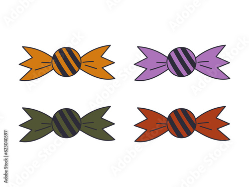 Round Halloween candy in a striped wrapper. Candies and snacks. Halloween candy set. Trick or treat party. Cartoon candies vector.
