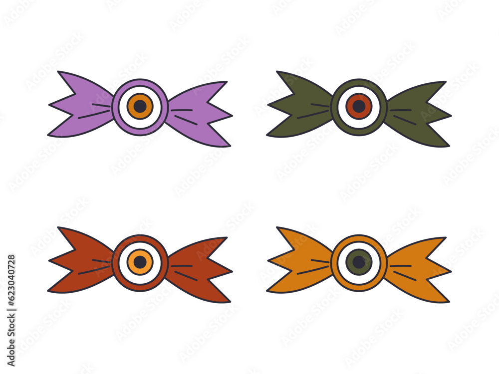 Obraz premium Round Halloween candy in wrapper with an eye. Candies and snacks. Halloween candy set. Trick or treat party. Cartoon candies vector.
