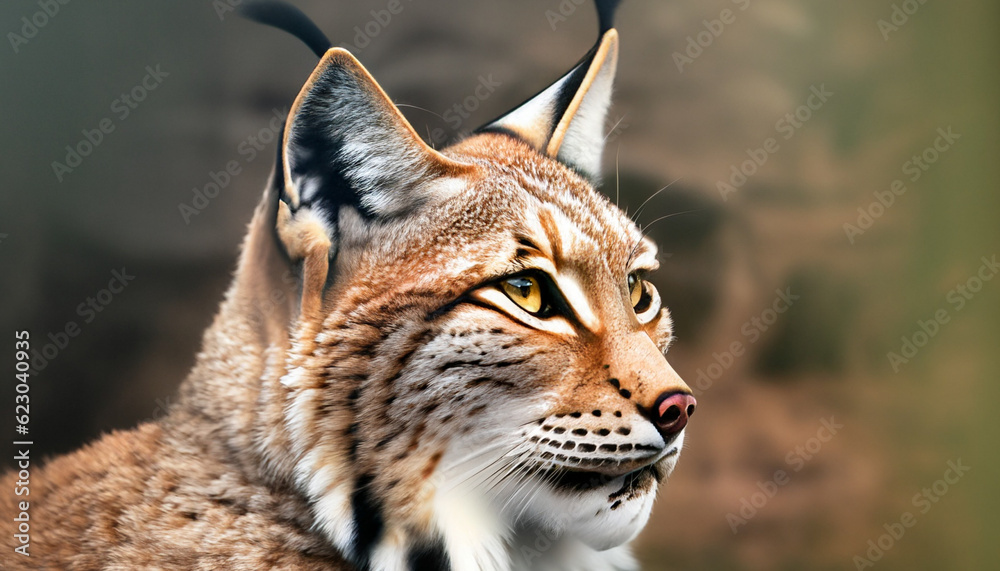 Fototapeta premium portrait of a lynx side view, golden hour, animal wild, Ai Generate 