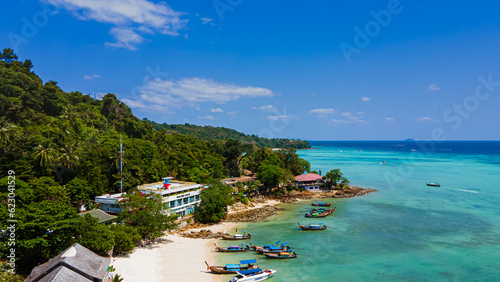 High angle view of the sea  Koh Phi Phi  a major tourist attraction Soak up the sun or go on an adventure trip. Take a walk and take pictures with the white beach mountains.