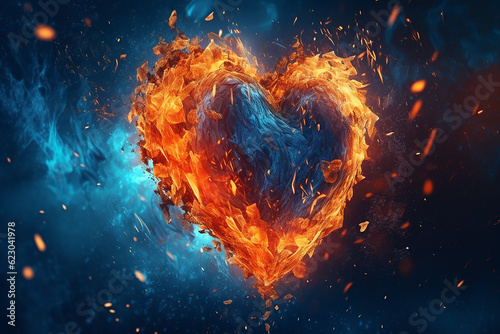 A blue and red hearts surrounded by radiant blue flames, Created using generative AI tools