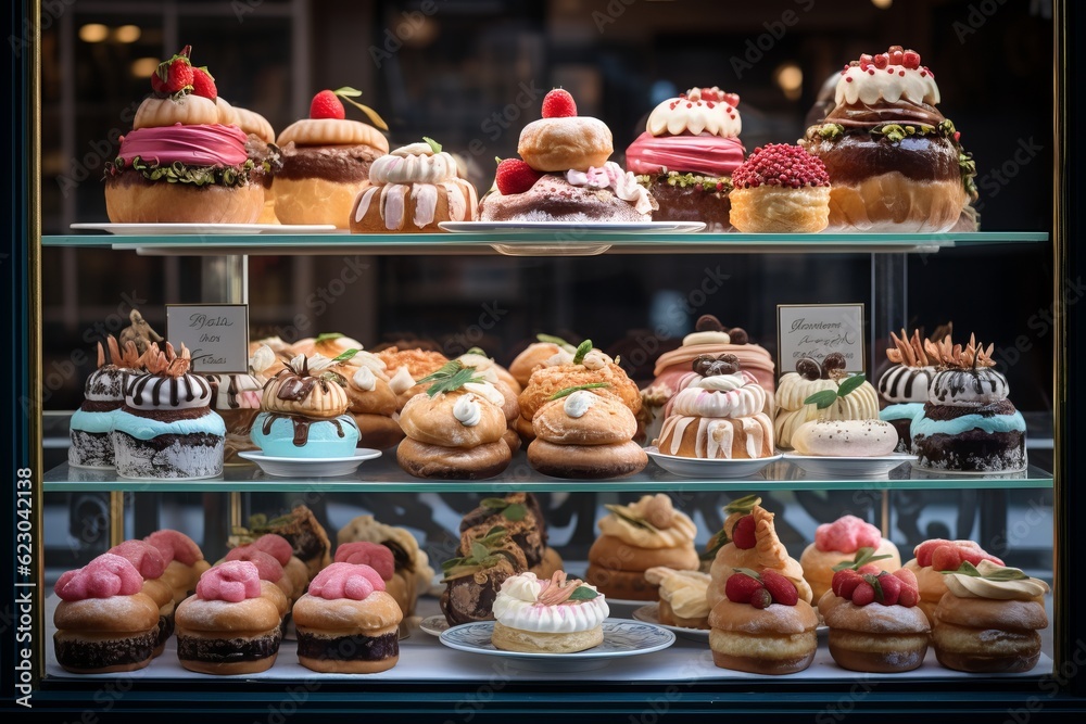 Pastry Shop Display Window With Cakes, Generative AI 