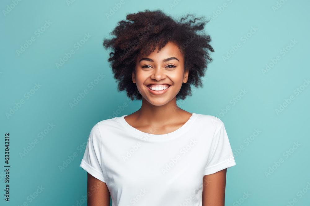 Close up of a young African American woman smiling and wearing a white t-shirt on a turquoise background. Generative AI Close up of a young African American woman smiling and wearing a white t-shirt on a turquoise background. Generative AI