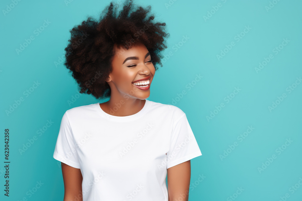 Close up of a young African American woman smiling and wearing a white t-shirt on a turquoise background. Generative AI