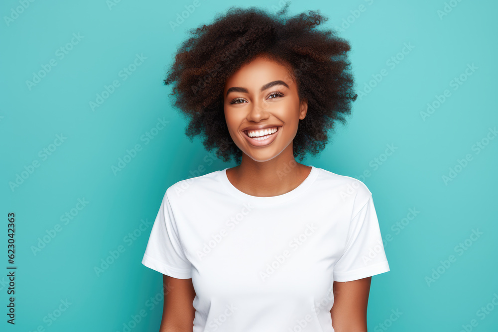 Close up of a young African American woman smiling and wearing a white t-shirt on a turquoise background. Generative AI