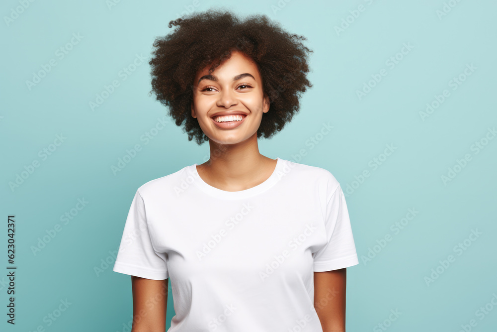 Close up of a young African American woman smiling and wearing a white t-shirt on a turquoise background. Generative AI Close up of a young African American woman smiling and wearing a white t-shirt on a turquoise background. Generative AI