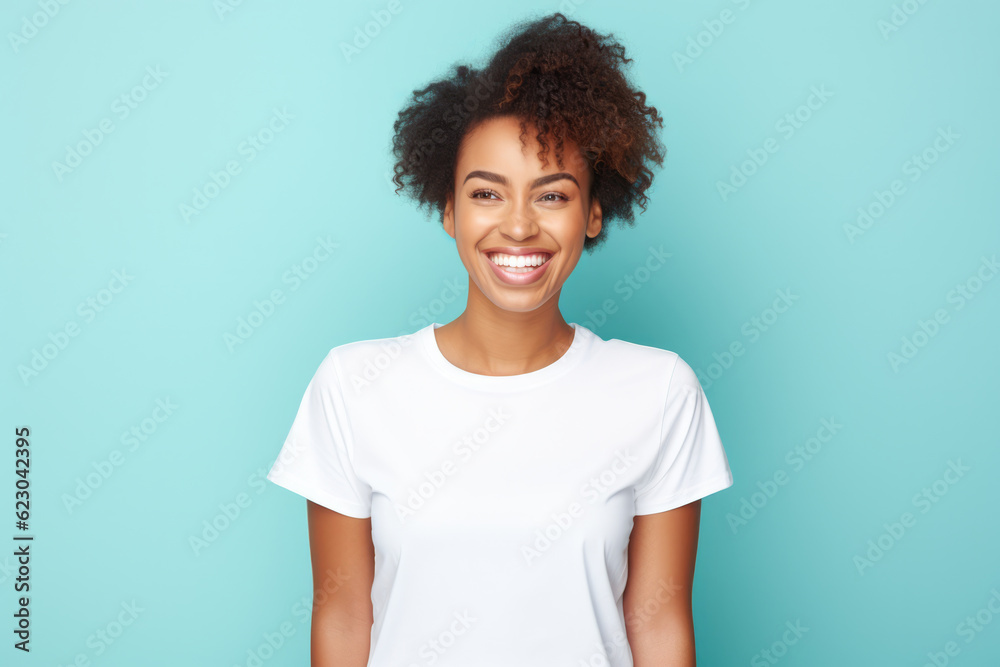 Close up of a young African American woman smiling and wearing a white t-shirt on a turquoise background. Generative AI Close up of a young African American woman smiling and wearing a white t-shirt on a turquoise background. Generative AI