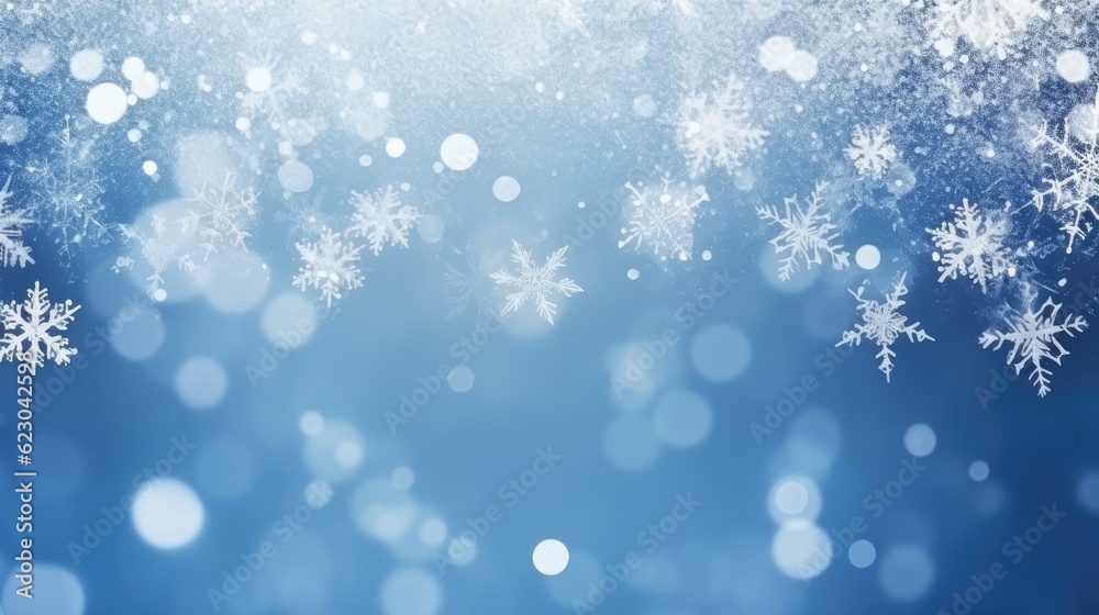 Christmas illustration, winter background with snowflakes and bokeh lights, with blank space. Generative AI