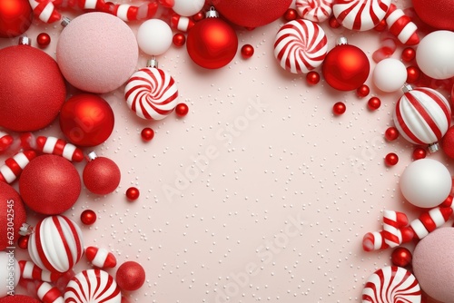 Festive Christmas background with candy cane and ornaments, in red style. Generative AI