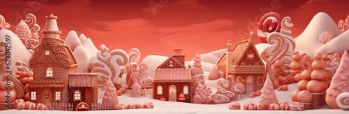 Christmas illustration of a gingerbread house on a red background. Generative AI