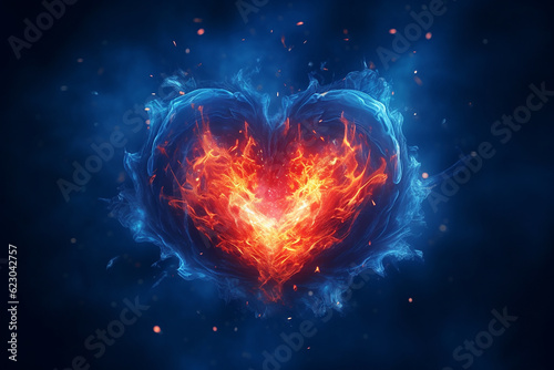 A blue and red hearts surrounded by radiant blue flames, Created using generative AI tools