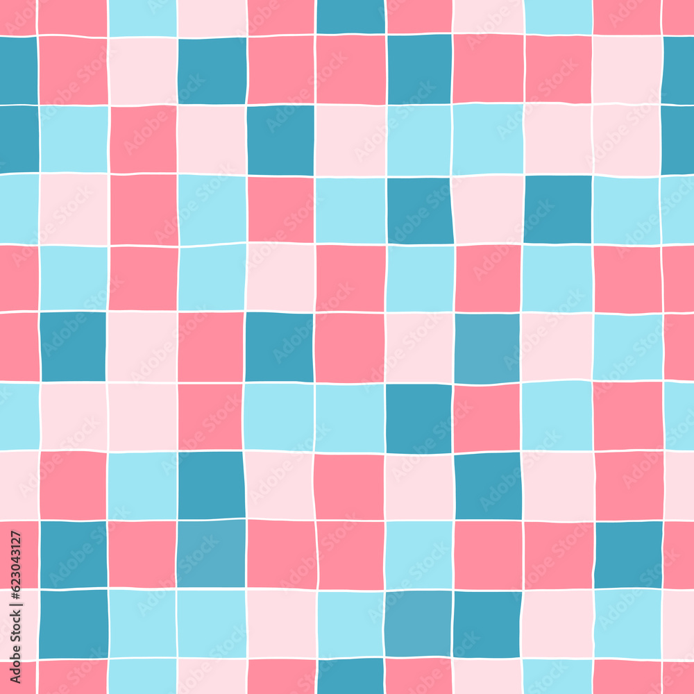 Hand drawn checkered seamless pattern. Blue and pink Hand drawn checkered seamless pattern. Blue and pink