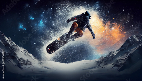 Snowboarder jumping in the sky, Snowboarder doing trick on amazing starry night sky. Winter background, extreme sport. Vertical splash screen template Ai generated image © PixxStudio