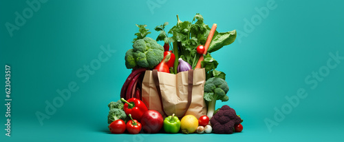 Eco bag with products on color background. grocery bag filled with all different vegetables on green background