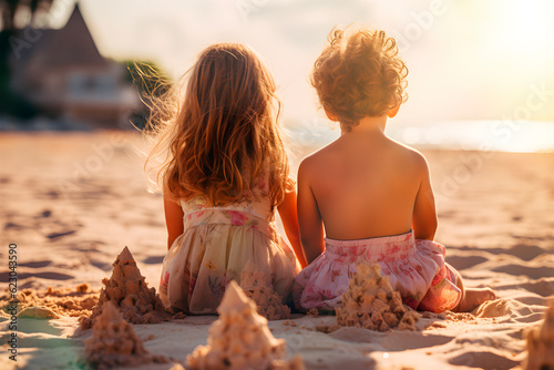 Stampa su tela Vista trasera de dos niños pequeños sentados en la arena de la playa viendo la puesta de sol frente al océano