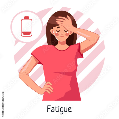 Fatigue. A sick woman feels exhausted, weak and tired. Flu, colds, viral diseases, lack of vitamins and trace elements. Vector illustration in cartoon style, isolated on a white background