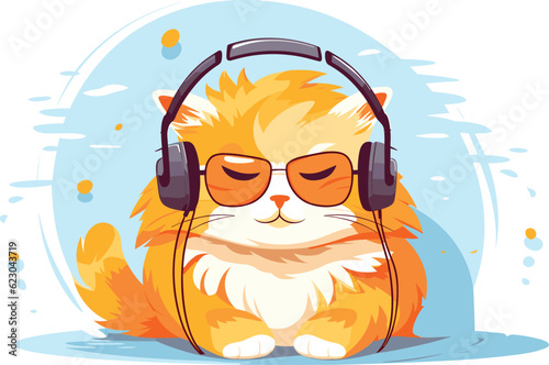 cute cat listening songs with headphones and wearing cooling glasses illustration