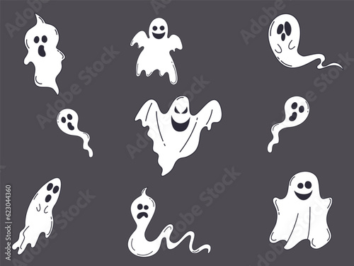 Scary ghost monsters for Halloween. A set of spooky ghost monsters. Happy Halloween. Character designs. Flying phantoms. Cartoon style. 