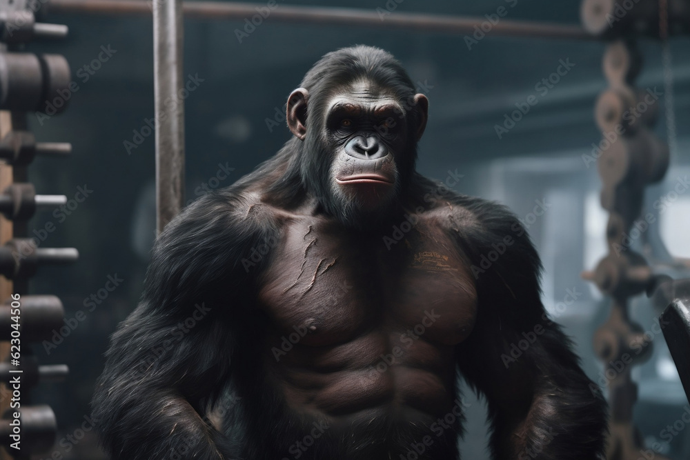 fit Chimpanzee standing at the gym, Fit chimpanzee flexing muscles at the gym, generative AI fit Chimpanzee standing at the gym, Fit chimpanzee flexing muscles at the gym, generative AI